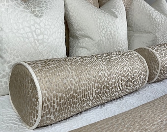 Antelope Luxury Textured Bolster, Champagne Gold Duck Feather Cushion Included Contrasting Ivory Piping Designer Fabric High Quality