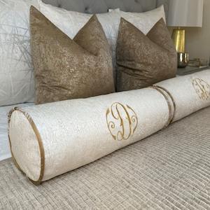Luxury Personalised Initial Embroidered Bolster Cushion 16&quot;X6&quot; Blake Ivory/ Piping Designer Fabric High Quality Handmade Gift Idea