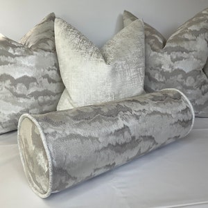 Silver - Grey Nimbus Luxury Clouds Effect Cushion Bolster 16&quot; X 6&quot;  Duck Feather Contrasting Piping , Designer Fabric / Worldwide Shipping
