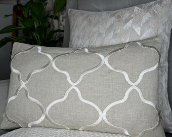Natural Beige - Embroidered Cushion Cover - Throw Pillow Cover - Double Sided - Designer Clarke & Clarke LEYLA Fabric - Size 12" x 20"