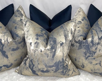 Clarke & Clarke Tessere Luxurious Metallic, Pillow Sham, Cusion  Cover Navy  Gold Designer Fabric High Quality Handmade