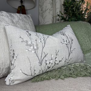 Laura Ashley Handmade Cushion Cover, Willow Leaf Grey Cushion Cover 12&quot; x 20&quot;, Decorative Embroidered Pillow Cover, Worldwide Shipping