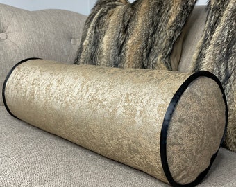 Diana Luxury Textured Bolster Brass Gold  Duck Feather Cushion Included Contrasting Black Piping Designer Fabric High Quality
