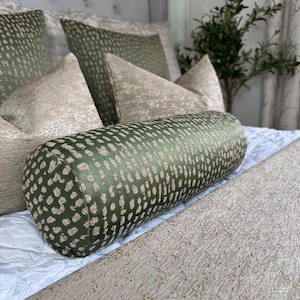 Olive Green Gold Bolster Cushion: Designer Estrada Fabric, 16x6