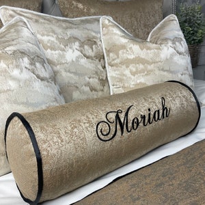 Luxury Personalised Name Embroidered Bolster Cushion 16&quot;X6&quot; Brass GOLD Contrasting Black Piping Designer Fabric High Quality Handmade