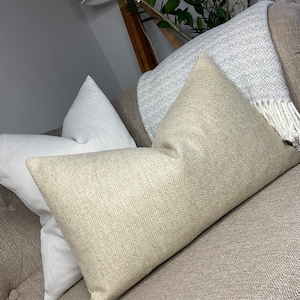 Herringbone Cushion Cover, Beige Cream Decor, Pillow Cover - Herringbone Design , Wool Blend - Double Sided - Sofa Bed Cushion Cover 12&quot;X20&quot;