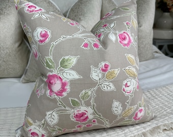 Shabby Chic Cushion Cover , Made in Clarke and Clarke Fabric Roses Pillow Cover - Taupe Pink Floral Design - double sided
