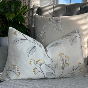 Grace Cushion Cover , Ivory Yellow Pillow Cover -  Embroidered Floral  Design, John Lewis Fabric, Double Sided Size 12&quot; x 20&quot;