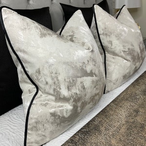 Pillow Cover,  Champagne Cushion Cover, Designer Pillow Cover Clarke and Clarke Tessere Fabric, Black Piped - Metallic Natural Pillow Cover