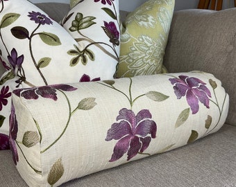 Decorative Cushion Bolster 16”x6" Feather Cushion Included, purple plum beige Embroidered flowers leaf trail Throw Pillow Worldwide Shipping