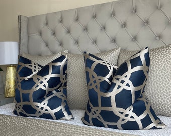 Luxury cushion cover, navy pillow cover, throw pillow, geometric pillow  case, Designer Clarke Clarke fabric, Fascino worldwide shipping