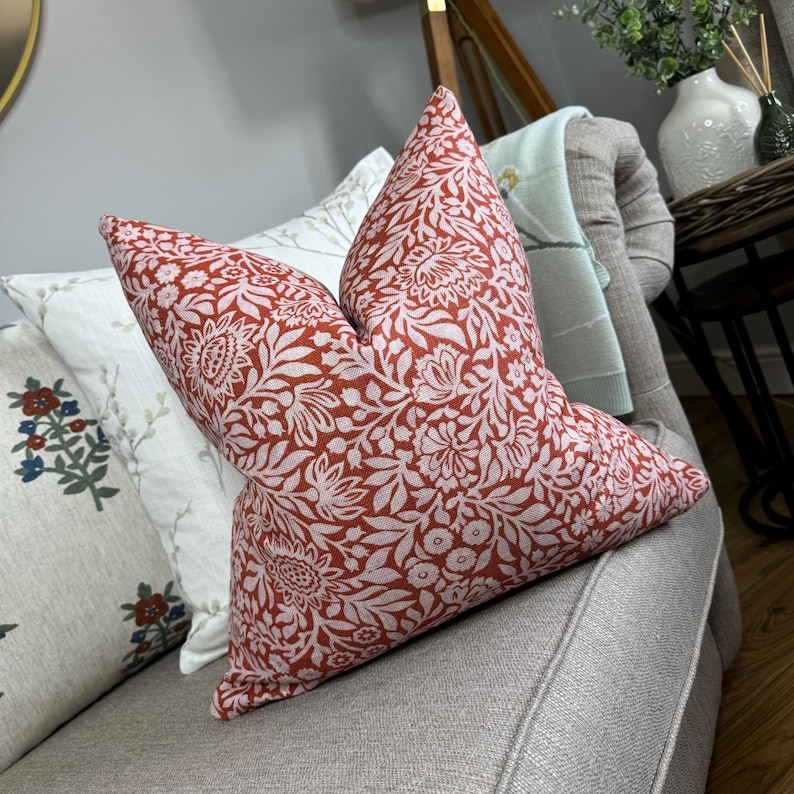 Floral Pillow Cover for Sofa or Bed, Red Orange Decorative Pillow Cover Linen Blend Designer