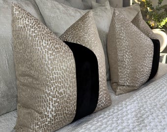 Elegant Champagne - Black Striped Antelope Fabric Cushion Cover | Luxury Euro Sham for Sofa & Bed Decor