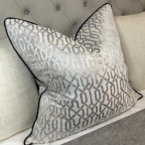 GEO Luxury Cushion Cover, Pillow Cover Contrasting Black Piping Designer Bill Beaumont Fabric, Silver - Grey Geometric  / Luxury Interior