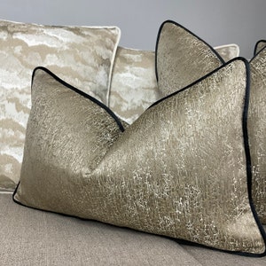 Brass Gold Cushion Cover & Luxury Black Piping Blake Decorative Pillow Rectangle Bolster Size Designer Fabric High Quality Handmade in UK