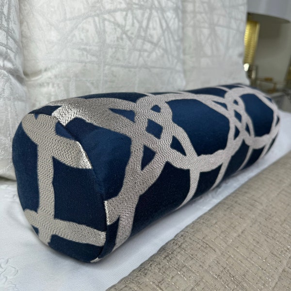 FASCINO Midnight Cushion 100% Duck Feather-  Cushion Bolster 16” x 6” Designer Fabric Worldwide Shipping! Throw Bed Cushion Navy Silver