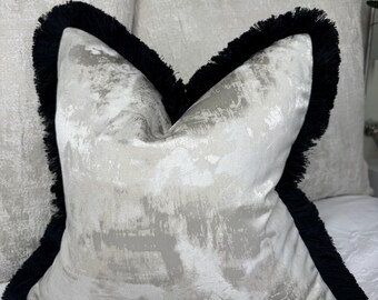 Elegant Fringed Cushion Cover: Champagne & Black Luxury Pillow for Sofa, Bed, Home Decor - Worldwide Shipping