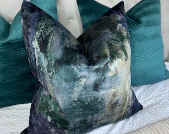 Abstract Cushion Cover For Sofa Bed or Throw. Navy Teal Green  Velvet Touch Designer Fabric TUFI Lagoon - High Quality Handmade
