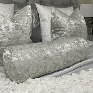 Luxury Silver Cushion Bolster 16” x 6”, Feather Cushion Included, Designer Fabric , Venus & Throw Pillow - Worldwide Shipping!