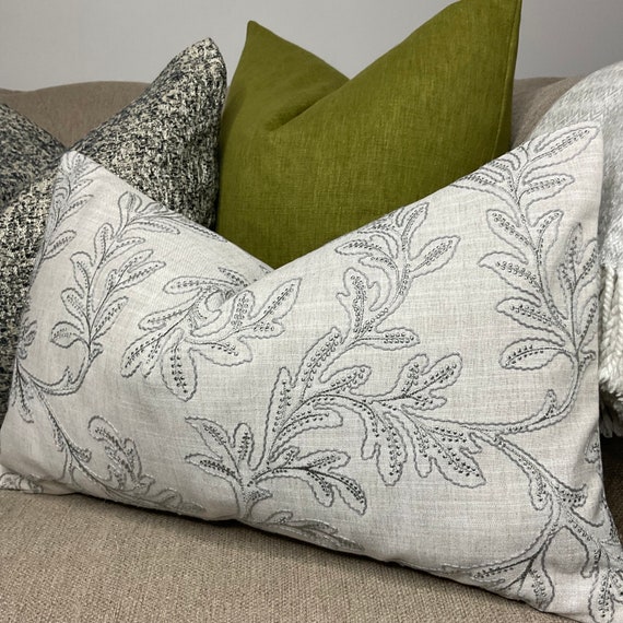 Embroidered Cushion Cover Embroidered Pillow Throw Cover Grey Leaf Design John Lewis Fabric Countryside Home Rectangle 12 X 20 Etsy