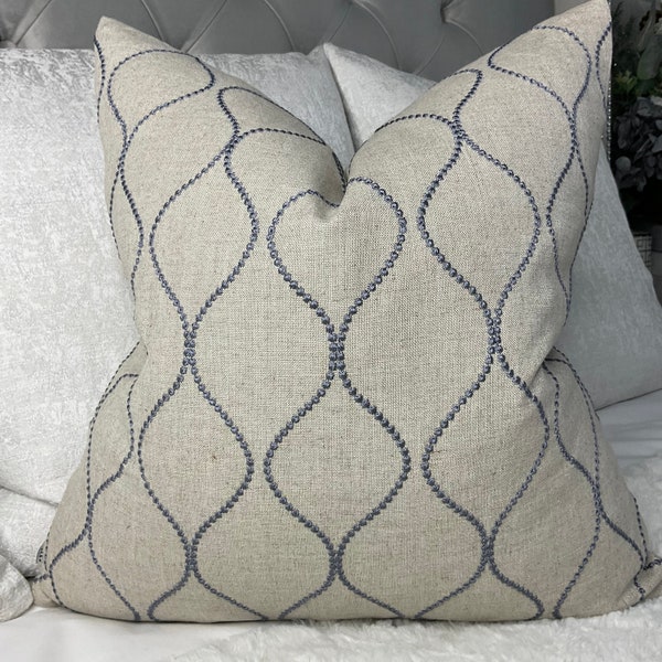 Ogee Embroidered Cushion Cover, Pillow Cover, Throw Pillow, Ellewood Knot John Lewis Furnishing Fabric, Blue - Grey