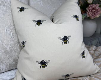Handmade Clarke & Clarke Abeja Bee Cushion Cover – Linen Colour – Manchester Bee Design – Rustic Cotton Pillow Cover, Natural Home Decor