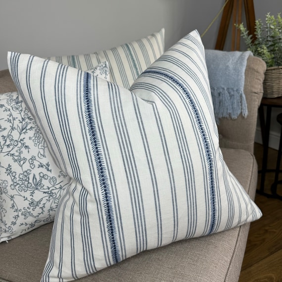 Cotton cushion cover for sofa or bed, white / French blue striped pillow cover, neutral palette home decor, John Lewis Diderot fabric.