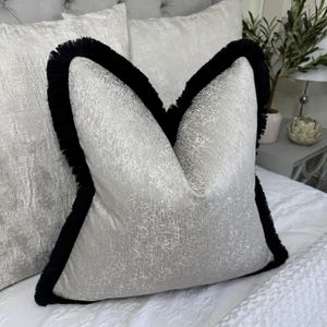 May include: A silver and white decorative pillow with a black fringe trim. The pillow is made of a textured fabric and has a subtle sheen.