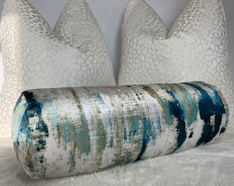 Wish Lagoon Teal Cushion, Abstract Pillow for sofa -Bed / Velvet touch luxury designer fabric, Bolster cushion 16&quot; x 6&quot; Modern Design Pillow