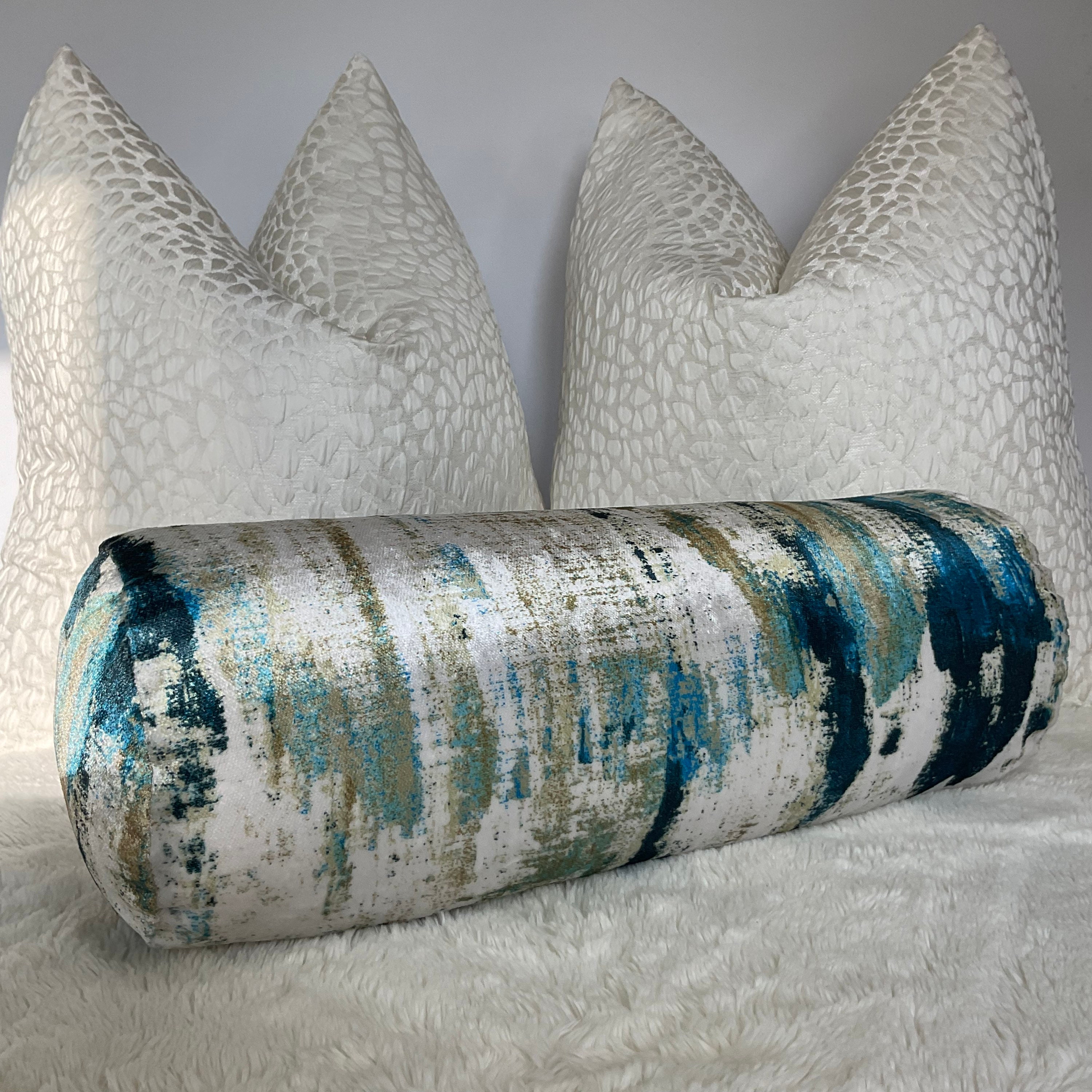 Wish Lagoon Teal Cushion, Abstract Pillow for sofa -Bed / Velvet touch luxury designer fabric, Bolster cushion 16" x 6" Modern Design Pillow