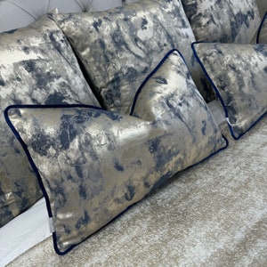 Gold Navy Pillow Cover, Luxury Cushion Cover , Throw Pillow Navy Blue Metallic Gold Clarke &Clarke Tessere Midnight Fabric,Navy Satin Piping