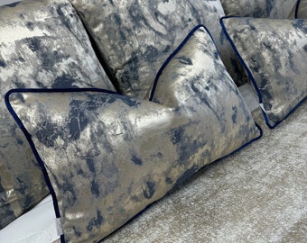 Gold Navy Pillow Cover, Luxury Cushion Cover , Throw Pillow Navy Blue Metallic Gold Clarke &Clarke Tessere Midnight Fabric,Navy Satin Piping