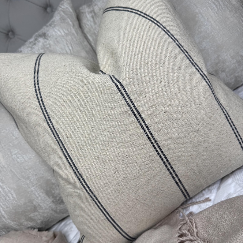 May include: A beige pillow with two dark gray stripes running diagonally across the front. The pillow has a textured fabric and is part of a set of pillows on a bed. The pillow is square-shaped.