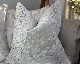 Decorative Cushion Cover, Art Deco Design Pillow Cover, Sofa Bed Silver Pillow Cover, Double Sided - Designer Velvet Fabric