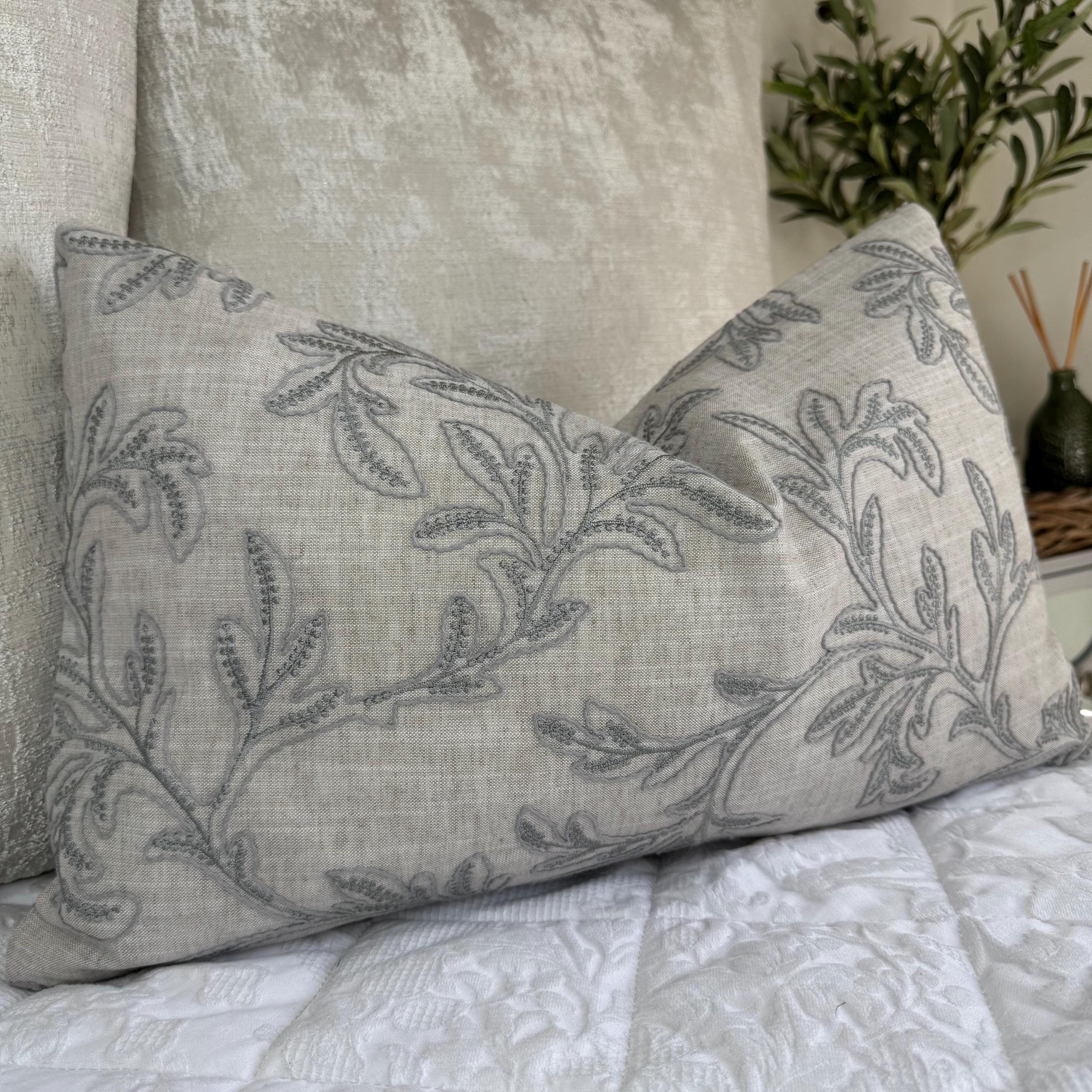 Leaf Embroidered Cushion Cover , Grey Throw Pillow Cover , Acanthus Embroidered John Lewis  Fabric - Double Sided