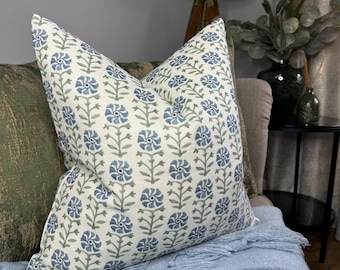 Floral Cushion Cover: Lake Blue John Lewis Fabric, Handmade in UK