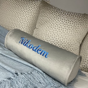 Personalised Name Bolster Cushion, Embroidered Cushion, 16&quot;x 6&quot; Piping Designer High Quality Fabric, Grey Velvet Handmade Baby Boy Room Gift