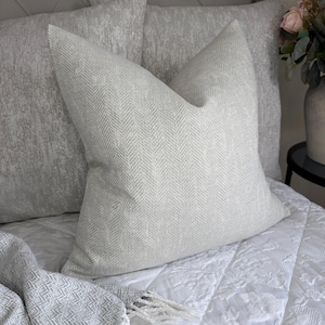Herringbone Cushion Cover, Ivory Grey Woven Pillow Cover For Sofa Bed -Furnishing Durable Designer Fabric Worldwide Shipping - Double Sided
