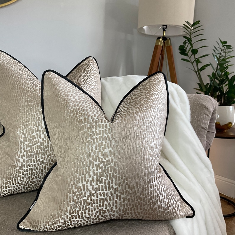 Elegant Champagne Cushion Cover with Black Piping - Luxury Antelope Pattern Bedding Accent Pillow Cover