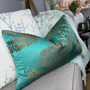 Teal - Gold Cushion Cover -Extravagance Fabric by Harlequin , Decorative Cushion Cover, Lumbar Pillow Cover, Tropical Palm Double Sided