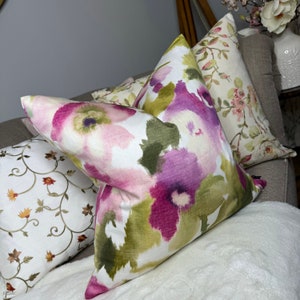 Floral Cushion Cover, Pillow Cover for Chair Sofa Bed, Watercolour Flower Design in Green, Pink, White - ILiv Fabric Piazza Damson