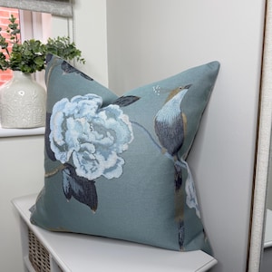 Duck Egg Teal Flower Bird Cushion Cover 20", John Lewis Fabric, Handmade UK Home Decor