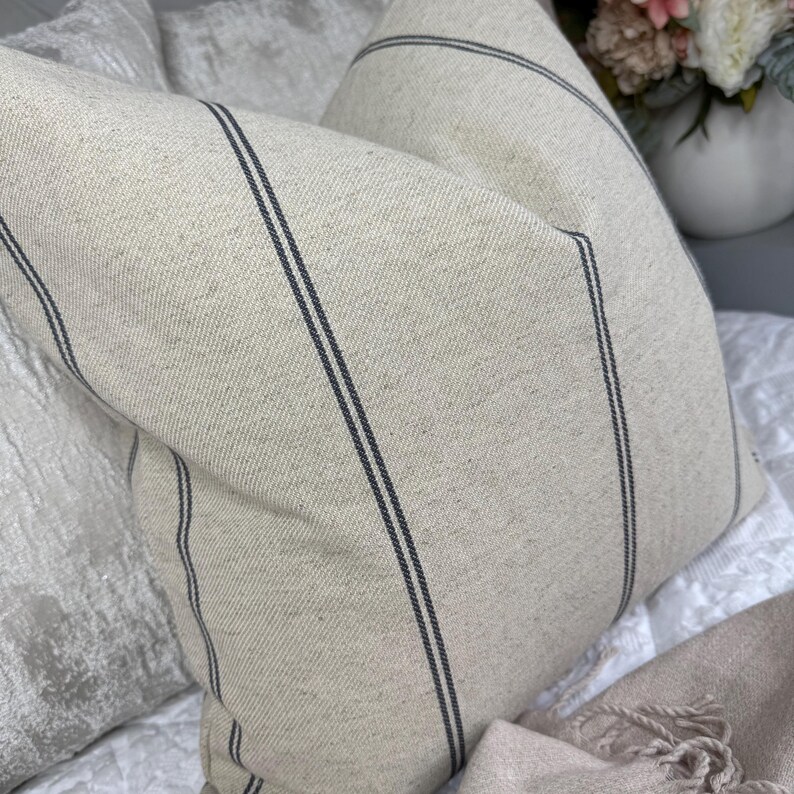 May include: Close-up of a beige pillow with two vertical dark gray stripes. The pillow has a textured appearance and is part of a home decor collection. The pillow is resting on a white surface.