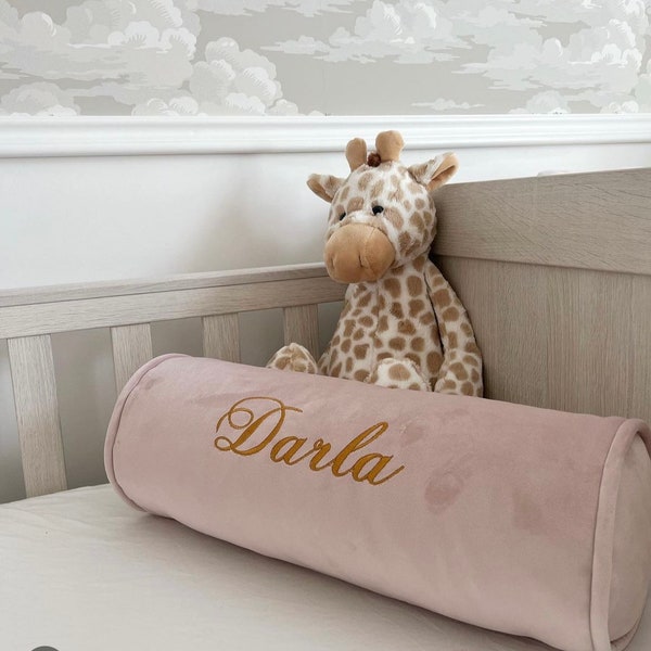 Personalised Name Cushion Embroidered Bolster Cushion 16"X6" Piping Designer High Quality Fabric Pink Velvet Handmade Baby Girl Bedroom Gift