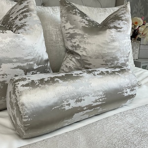 Luxury Cushion, Marble Cushion, Grey Cushion, Grey Bedding, Silver Bolster Pillow 16&quot; x 6&quot;, Designer Cushion, Ashley Wilde HAILES Fabric