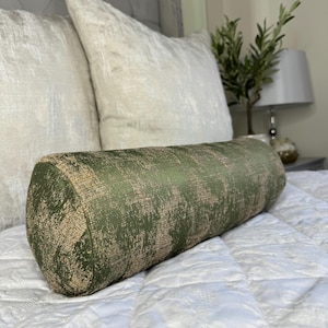 Elegant Olive Green Gold Bolster Cushion - Designer Fabric - Curico Ashley Wilde Home Decor