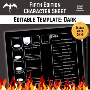 Könnte beinhalten: Eine schwarz-weiße Charakterbogenvorlage für Dungeons and Dragons Fünfte Edition. Die Vorlage enthält Abschnitte für Fähigkeiten, Fertigkeiten und Trefferpunkte. Der Text "DESIGN YOUR OWN!" befindet sich in einem gelben Kreis oben rechts auf dem Bogen.