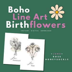 PDFs de flores de aniversário de junho, rosa e madressilva, impressão de arte linear, design boho, artesanato floral para impressão, flores mensais, presente de aniversário para namorada