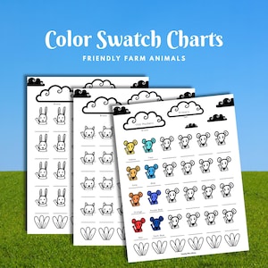 May include: Three white paper color swatch charts with black outlines and text. The charts feature illustrations of farm animals and color swatches. The text at the top reads "Color Swatch Charts" and "Friendly Farm Animals".