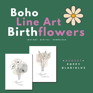 PDF imprimable fleurs de naissance d'août, coquelicots et glaïeuls, dessin au trait simple, bouquet de fleurs mensuel bohème, cadeau d'anniversaire pour les amateurs de jardin